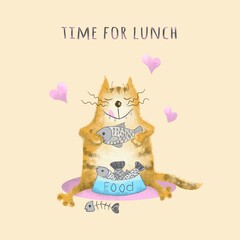 Happy ginger tabby cat holds a fish in paws and is going to eat it. Time for lunch. Cartoon illustration, design for postcard. Hand-drawing.