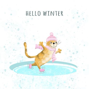 Funny ginger tabby cat in a cap and scarf is skating. Hello winter. Cartoon illustration, design for print, sticker and postcard. Hand-drawing