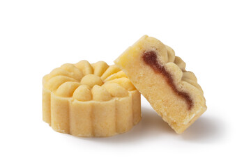 Delicious mung bean cake for Mid-Autumn Festival food isolated on white table background.