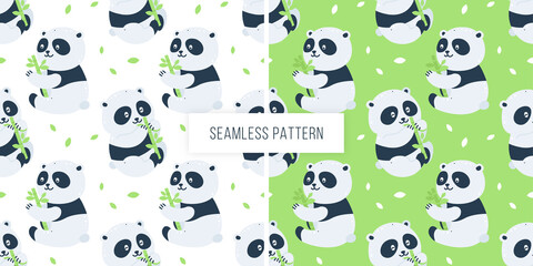 Childish seamless pattern with pandas and bamboo.