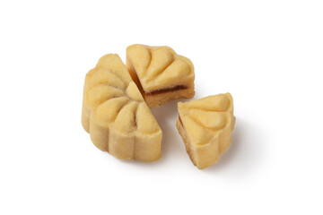 Delicious mung bean cake for Mid-Autumn Festival food isolated on white table background.