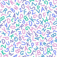 Vector drawing seamless pattern. Line hand drawn multicolored alphabet background. Geometric ornament for fabric, wallpaper, packaging.