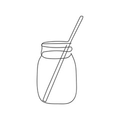 glass jar with a drinking straw are drawn with a single solid line in black by hand on a white background