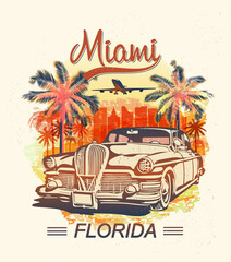 Miami typography for t-shirt print with palm and retro car.Vintage poster.