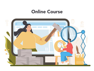 Restorer online service or platform. Artist restores old statue, painting