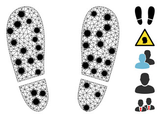 Mesh human footprints polygonal icon vector illustration, with black Covid items. Carcass model is based on human footprints flat icon, with infection items and triangular net.