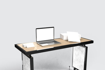 3d illustration laptop and blank business cards on the table, printer papers