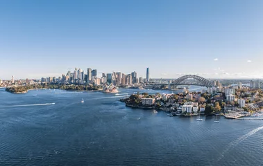 Poster Stunning wide angle panoramic aerial drone view of the City of Sydney, Australia skyline with Harbour Bridge and Kirribilli suburb in foreground. Photo shot in May 2021, showing newest skyscrapers. © Juergen Wallstabe