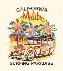 Malibu typography for t-shirt print with palm,beach and retro Woody Car.Vintage poster.