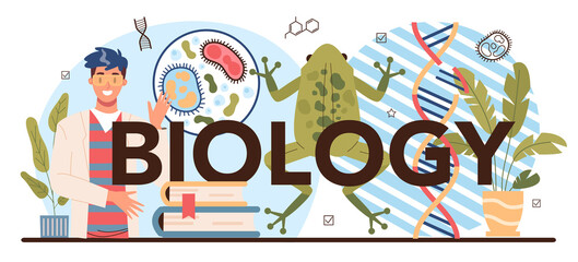 Biology typographic header. Students exploring nature and living organism - obrazy, fototapety, plakaty