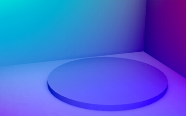 3d purple blue neon light cylinder podium minimal studio gradient dark colors background. Abstract 3d geometric shape object illustration render. Display for nightclub party and technology product.