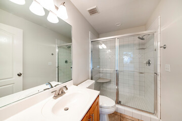 Fototapeta na wymiar Interior of a bathroom with wooden vanity sink with tile counter and shower stall with glass