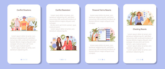 Tour agent mobile application banner set. Vacation organization agency
