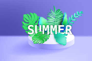 3D Tropical leaves scene podium with text Summer, botanical background. Render vector foliage pedestal, stage illustration template