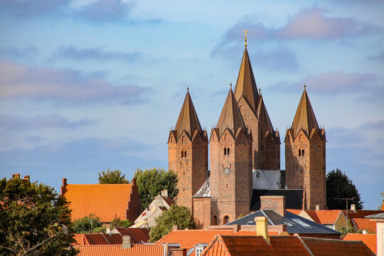 Church of Our Lady in Kalundborg, Denmark. It has five distinctive towers, and stands on a hill above the town, making it the town's most famous landmark. 