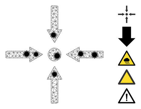 Mesh meeting point arrows polygonal icon vector illustration, with black virus elements. Model is based on meeting point arrows flat icon, with virus centers and triangle net.