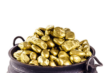 gold stones in metallic pot, profit or grand prize concept, with copy space and white background.