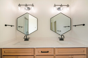 Double vanity sink with wooden cabinet and matching fixtures