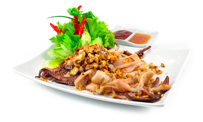 Fried Squid with Crispy Garlic Asian Thai food