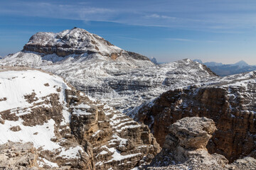 Mountain landscape at Pordoi pass. Dolomites, Alp, Italy.