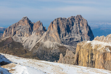Mountain landscape at Pordoi pass. Dolomites, Alp, Italy.