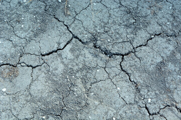 Dry and cracked gray earth, top view