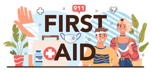 First aid typographic header. Idea of life safety and health care education.