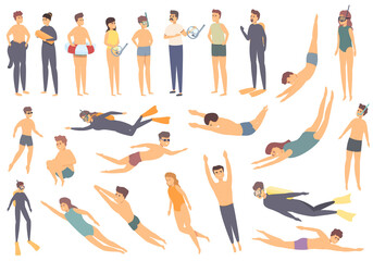 Diving school icons set cartoon vector. Beach active. Swim exercise