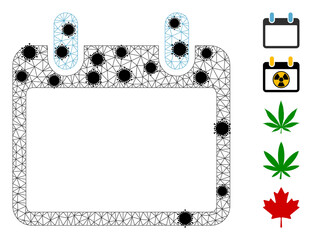 Mesh calendar leaf polygonal icon vector illustration, with black infectious nodes. Carcass model is created from calendar leaf flat icon, with infection centers and triangular mesh.