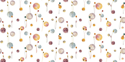 Seamless watercolor hand drawn floral pattern with sprouts, simple flowers and abstract space spheres on a white background.
