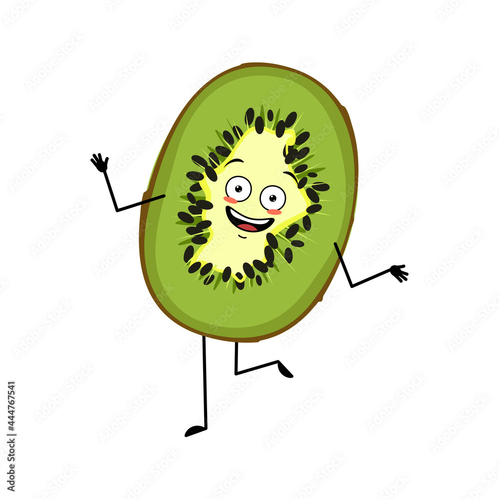 Wall mural Cute kiwi character with joyful emotions, smile face, happy eyes, arms and legs. The sweet tropical exotic funny fruit, lucky sweet food, dessert dancing