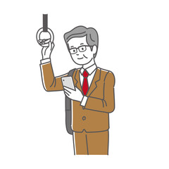 電車内でスマホを操作する中年のビジネスマン