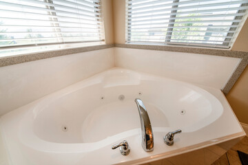 Corner bathtub with widespread faucet against the two windows