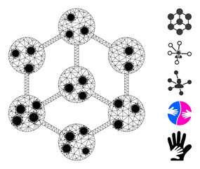 Mesh blockchain nodes polygonal icon vector illustration, with black infection elements. Model is created from blockchain nodes flat icon, with coronavirus nodes and polygonal net.