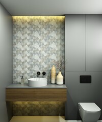 Bathroom interior with space for a mirror or bedside table. 3D rendering. Empty space above the sink.