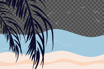 Fototapeta na wymiar Vector, flat style. Beach, waves, flock of birds, palm branch, close-up on a transparent background. Water extreme sports, travel, summer vacation concept, tourism, summer vacation, healthy lifestyle.