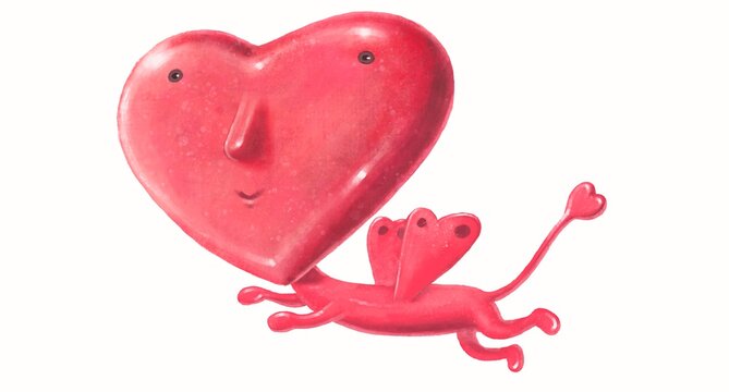Heart monster character design, 3d illustration, cupid isolated on white background, hand drawn cartoon, love concept