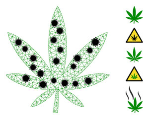 Mesh marijuana polygonal symbol vector illustration, with black infection elements. Model is based on marijuana flat icon, with coronavirus elements and polygonal mesh.