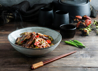 Lotus root or Rhizome stir-fry with Shiitake mushrooms, spices, hot peppers, dark soy sauce and green onions