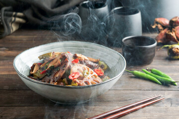 Lotus root or Rhizome stir-fry with Shiitake mushrooms, spices, hot peppers, dark soy sauce and green onions