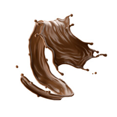 3d render, chocolate splash, cacao drink or coffee, splashing cooking ingredient. Abstract wavy liquid jet. Brown beverage clip art isolated on white background