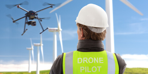 professional licenced drone operator engineer with hardhat and safety vest piloting at wind power...
