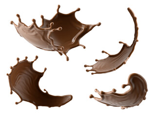 3d render, chocolate splash assorted shape collection, cacao drink or coffee, splashing cooking ingredient. Abstract brown liquid clip art set isolated on white background