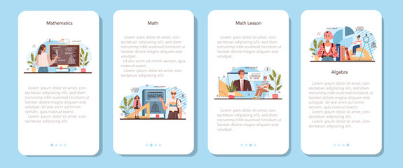 Math school subject mobile application banner set. Students studying