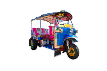 tuk tuk on a white background,Close up in front of colorful tuk-tuk tricycle taxi on white background isolated