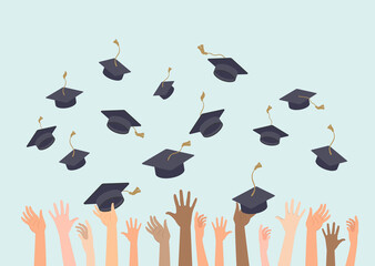 People hands throwing graduation hats in the air. Graduating students. - 444770595
