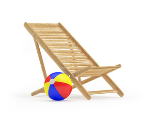 Empty wooden deck chair with beach ball isolated on white background. 3D illustration 