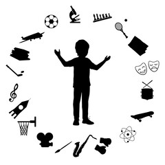 Silhouette boy surrounded of hobbies