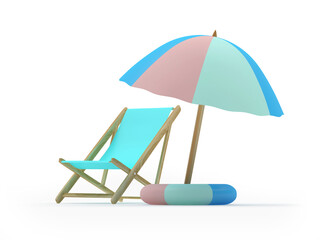 Deck chair with lifebuoy under a beach umbrella. 3d illustration 