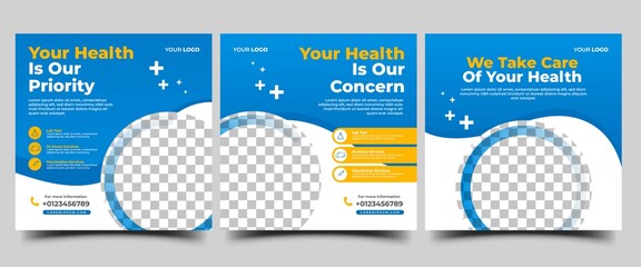 Medical social media post template design collection. Modern banner with blue and white background and place for the photo. Usable for social media, banner, and website.